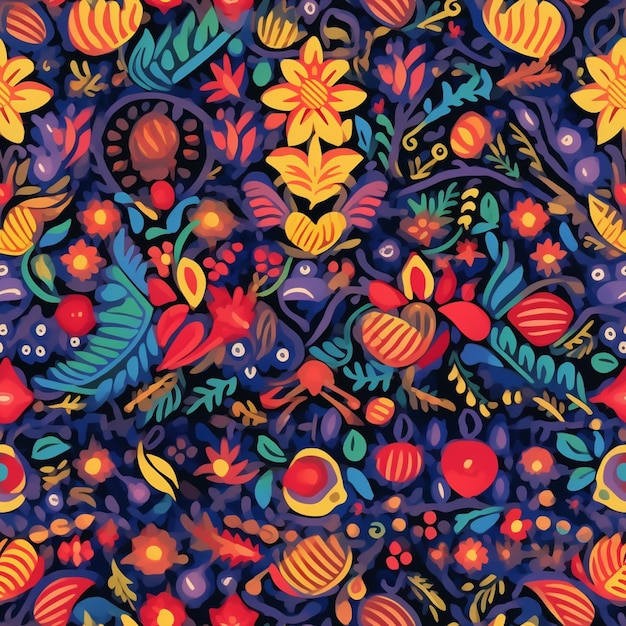 A close up of a colorful pattern of flowers and birds generative ai