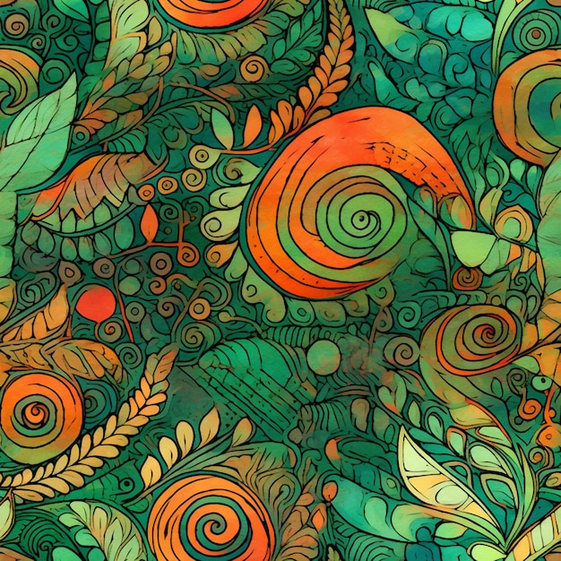 a close up of a colorful pattern of leaves and flowers generative ai