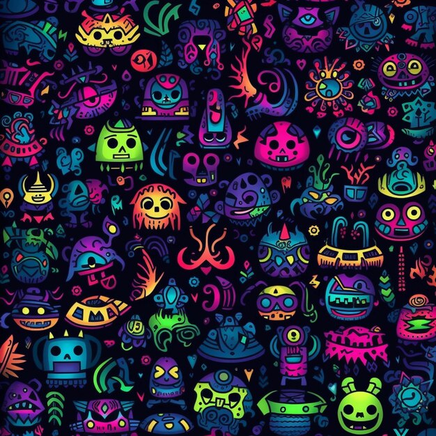 A close up of a colorful pattern of monsters on a black background generative ai