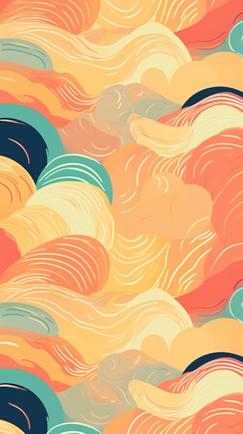 A close up of a colorful pattern of waves on a yellow background generative ai