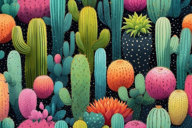 A close up of a colorful pattern with black dots and cactuses generative ai