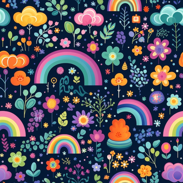 a close up of a colorful pattern with flowers and rainbows generative ai