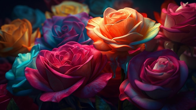 Close up of colorful roses on dark backgroundgenerative ai