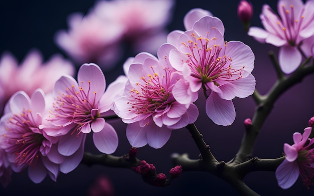 A close up of a colorful sakura flower on dark background