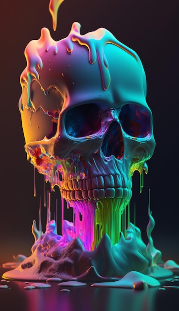 A close up of a colorful skull with a dripping face generative ai