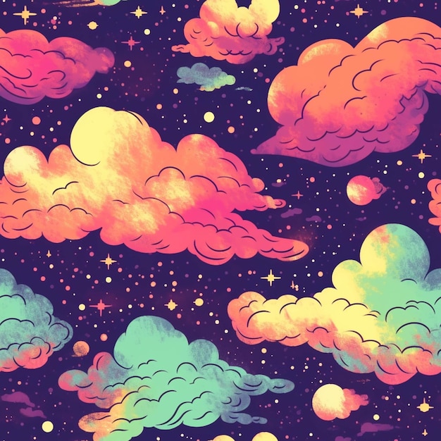 A close up of a colorful sky with clouds and stars generative ai