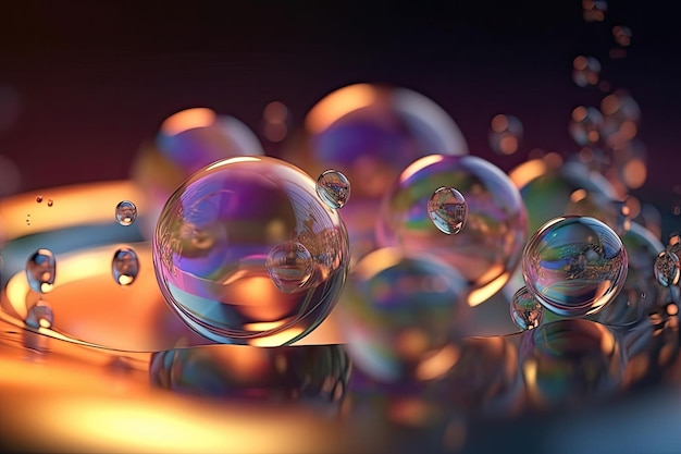 Close up colorful soap bubbles on a blurred background Colorful soap bubbles pattern Generative AI