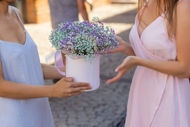 Close-up colorful spring bouquet with many different flowers jelly.