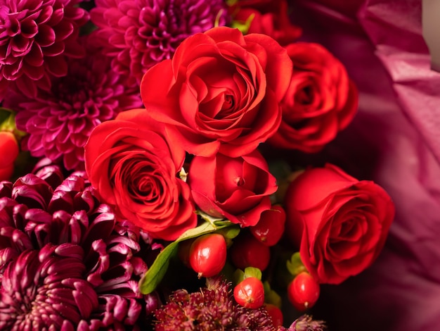 Close-up colorful spring bouquet with many different flowers jelly.