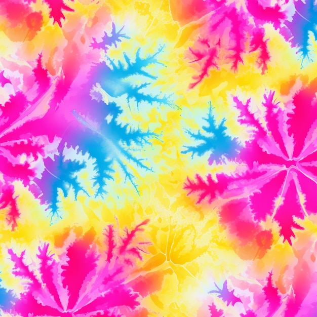 A close up of a colorful tie dye background with a bunch of leaves generative ai