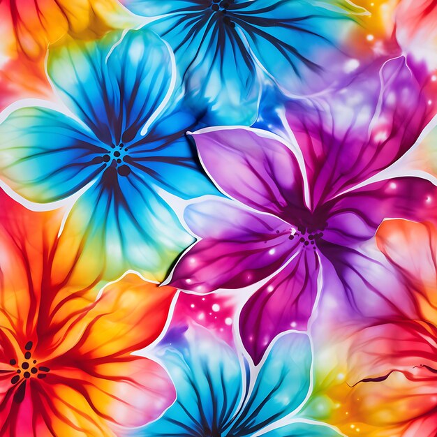 A close up of a colorful tie dye background with lots of flowers