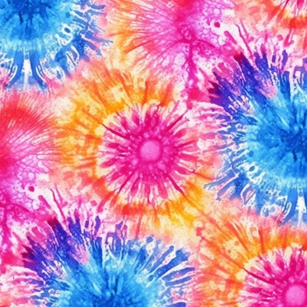 A close up of a colorful tie dye pattern with many flowers generative ai