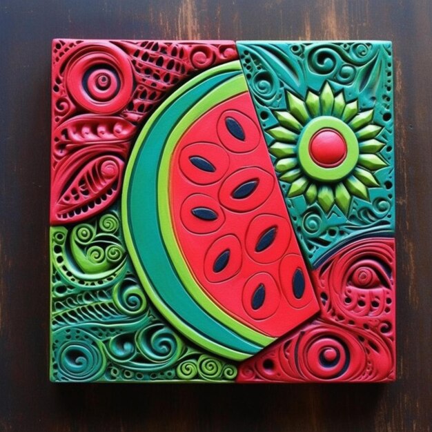 A close up of a colorful tile with a watermelon on it generative ai