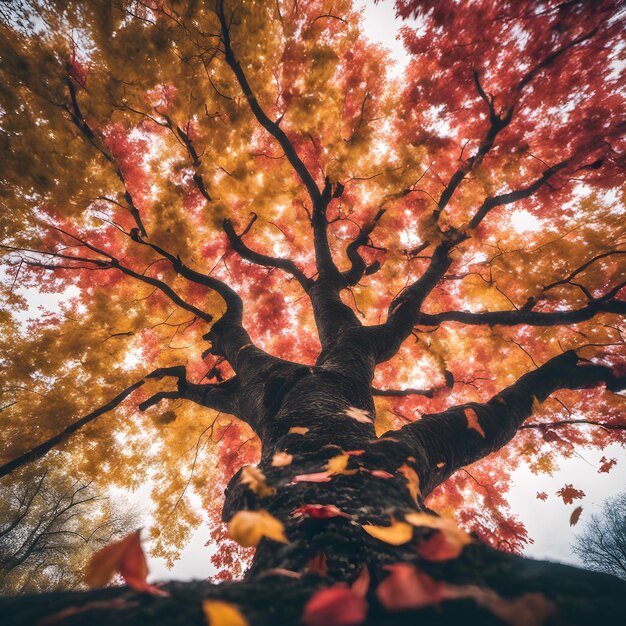 close up colorful tree with colorful leaves romantic scene