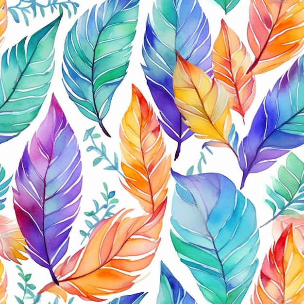 A close up of a colorful watercolor feather pattern on a white background generative ai