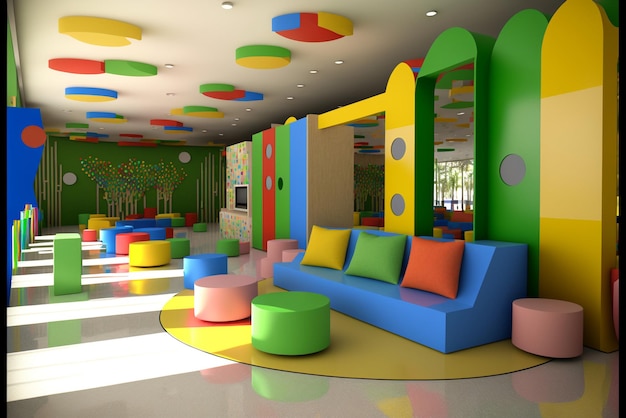 A close up of colorfully decorated room with couch and colorful furniture generative ai