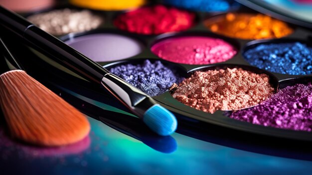 close up of colotful eye shadow palette and cosmetic brushes