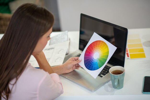 Close up of a colour palette in being held by a nice young woman