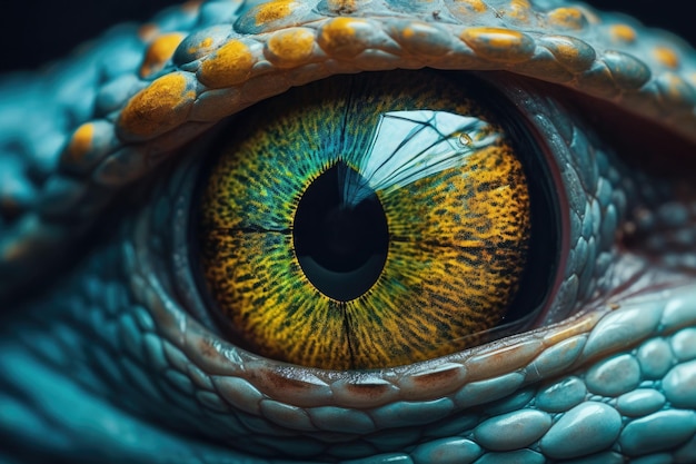 Close up of colourful lizard eye A macro of a reptile multi colored eye Generative AI