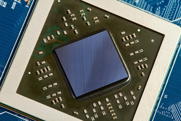 Close-up of computer chip on a part of Computer graphics card