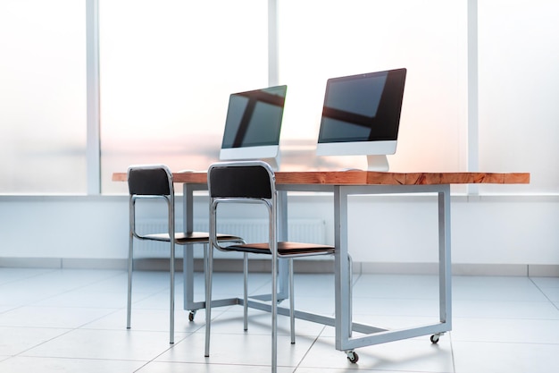 Close up computer desk for clients in the lobby of the bank