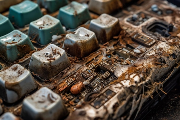 A close up of a computer keyboard with rust on it