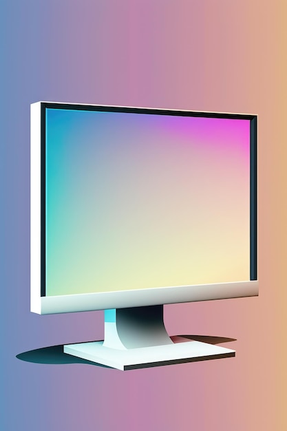 Close up of computer monitor with blank screen and copy space on blue to orange background