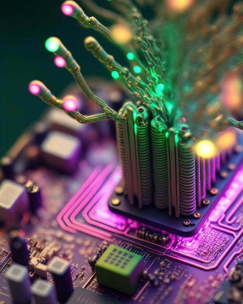 A close up of a computer motherboard with a circuit board with a green light on it.