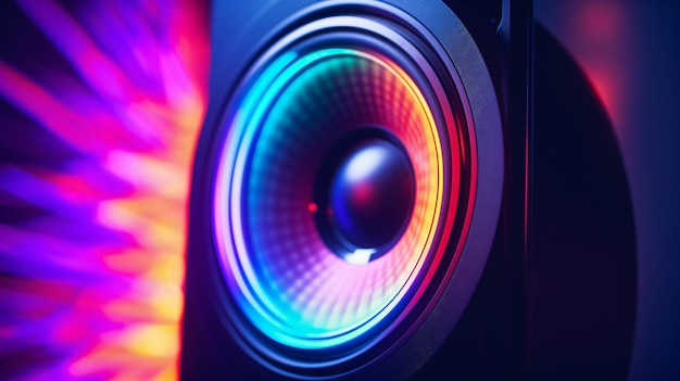 Close up of computer speaker with colourful light