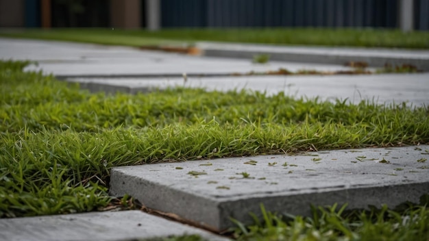 Close up of a concrete path edging green grass