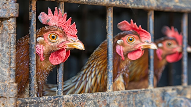 Close up of confined hens in cages at a rural farm illustrating agricultural practices