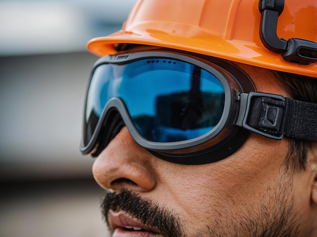 Photo close up of construction safety goggles on blurred background