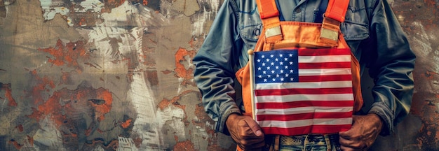 Close up of a construction worker holding an American flag