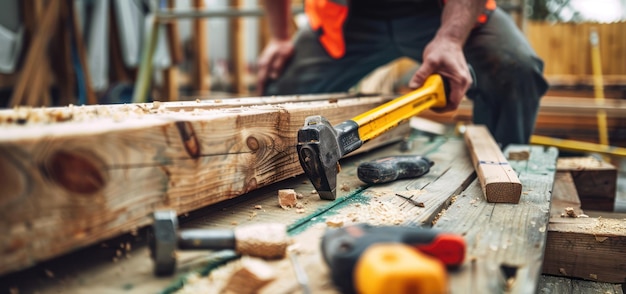 Photo close up of construction worker holding hammer