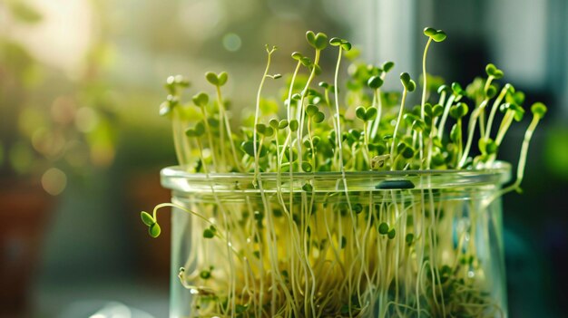 Photo a close up of a container with sprouts in it