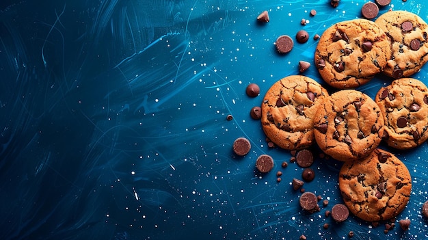 Photo close up of cookies and computer chip on blue bokeh background