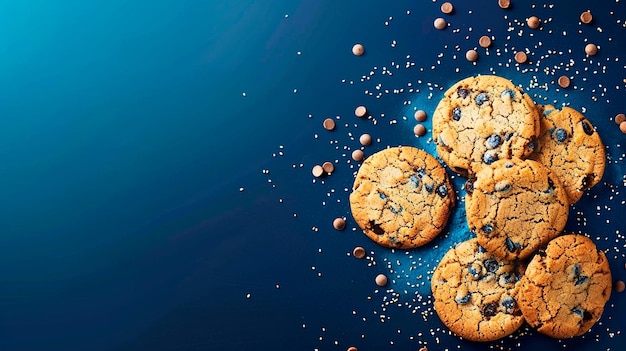 Photo close up of cookies and computer chip on blue bokeh background