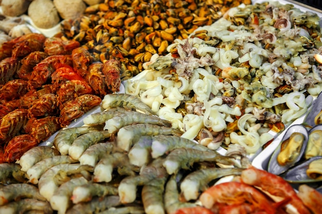 Close up of cooled seafood in the shop of a fish shop