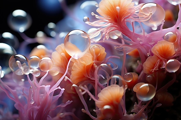 a close up of a coral reef with orange underwater