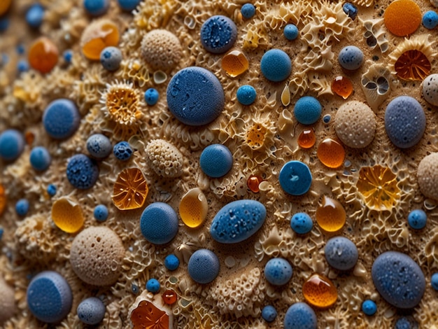 a close up of a coral with the number of tiny blue and orange beads