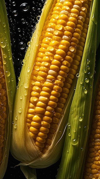 A close up of corn on the cob with water droplets on it