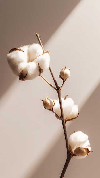 Close up of cotton flower with branch with copy space on beige background Generative AI