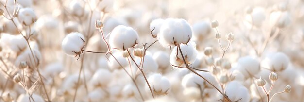 Close up of cotton flowers among grass and twigs in a natural landscape