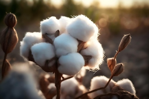 A close up of a cotton plant with the sun setting behind it