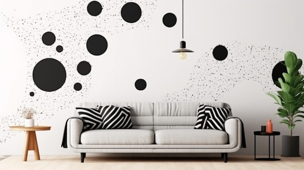 A close up of a couch in a room with a wall with black and white dots generative ai