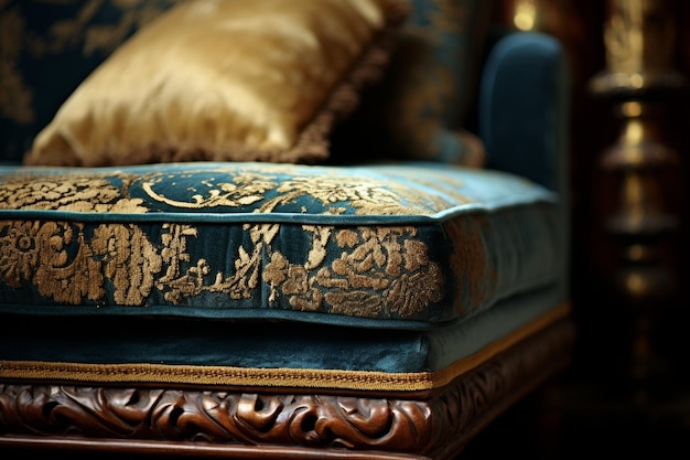 A close up of a couch with pillows on it and a footstool