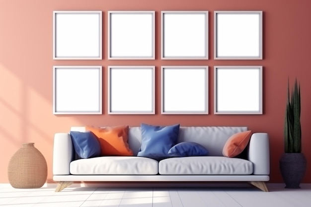 a close up of a couch with pillows and a vase in front of a wall with pictures generative ai