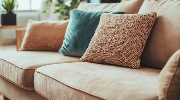 Photo a close up of a couch with several pillows on it ai