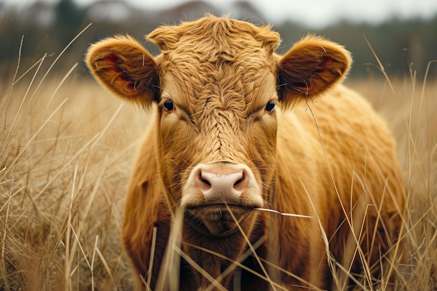 Close up of cow in field with tall grass Generative AI