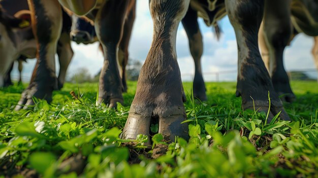 Photo close up of cow hooves in lush pasture